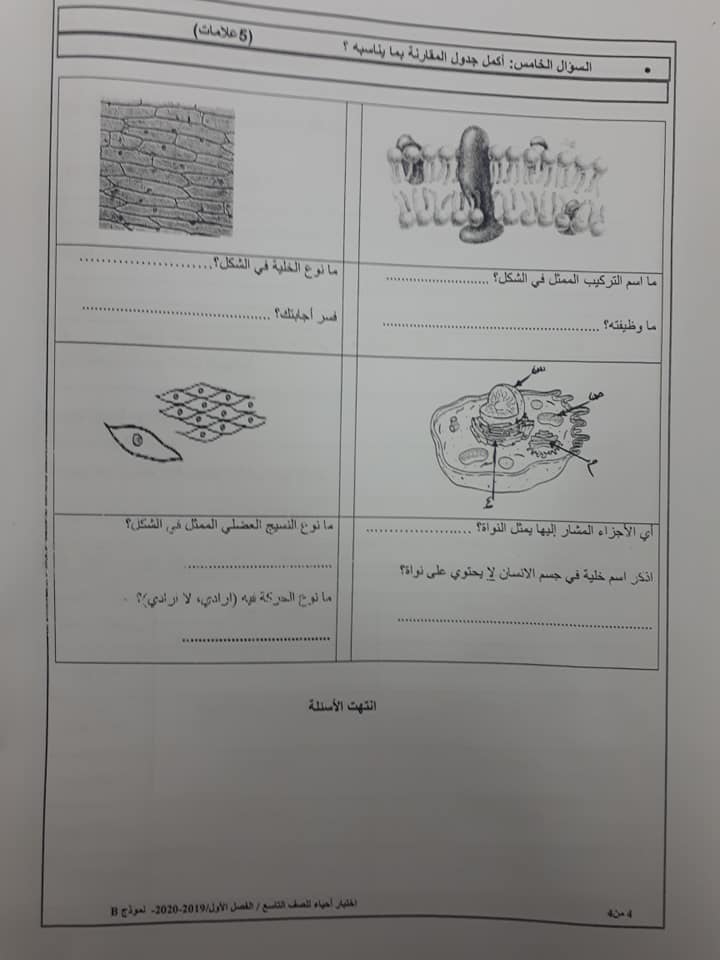 صور نموذج B وكالة امتحان احياء نهائي للصف التاسع الفصل الاول 2020